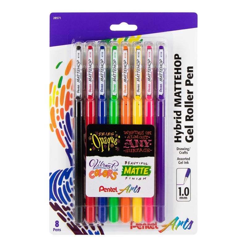 Pentel Arts Hybrid MATTEHOP Gel Roller, 1.0mm, Matte Assorted Colors, Pack of 8 Pens (K110VBP8M) - Image 1